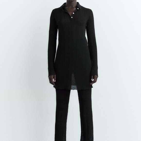 Zara Semi Sheer Rib Knit Longline Polo Black M - Picture 3 of 10